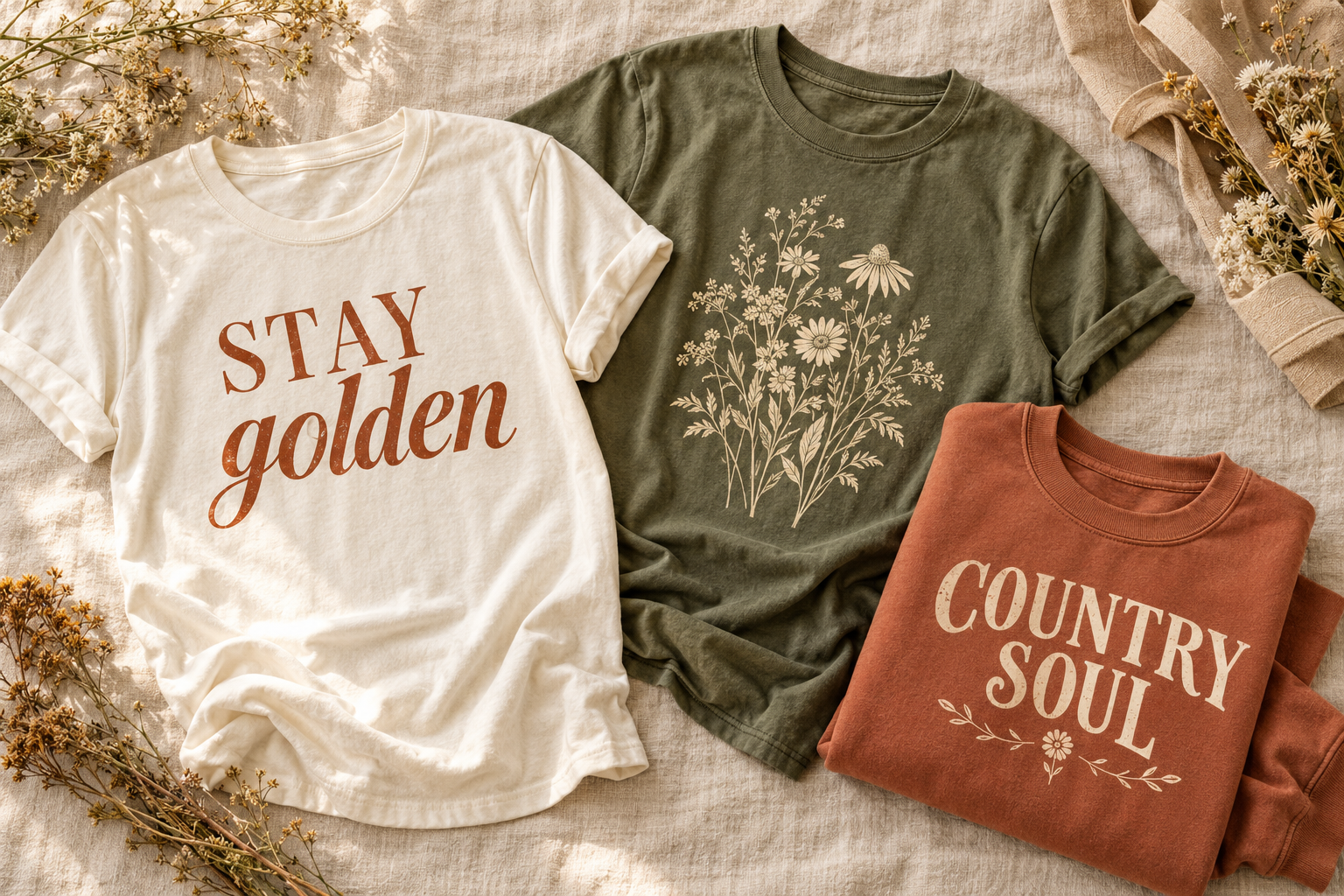 Concept mockup of Country Swank graphic apparel on a warm linen background