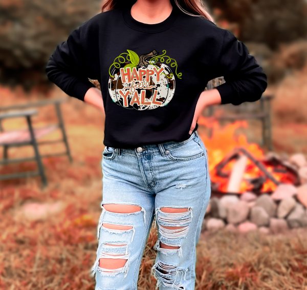 Fall Pumpkin Sweatshirt: Happy Fall Ya'll Trendy Cowhide Pumpkin Crewneck Sweatshirt, Women's Fall Pumpkin Crewneck Sweatshirt, Fall Favorites, Cowhide, 1 Cute Pumpkin Sweatshirt (Copy)