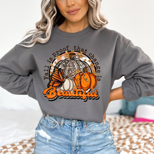 Fall Is Proof Change is Beautiful Retro Pumpkin, Leopard Crewneck Sweatshirt