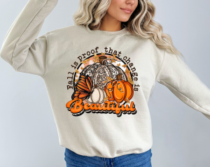 Fall Is Proof Change is Beautiful Retro Pumpkin, Leopard Crewneck Sweatshirt