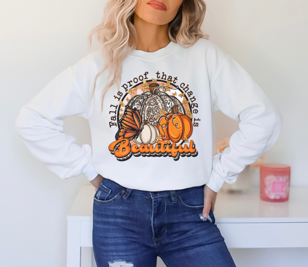 Fall Is Proof Change is Beautiful Retro Pumpkin, Leopard Crewneck Sweatshirt
