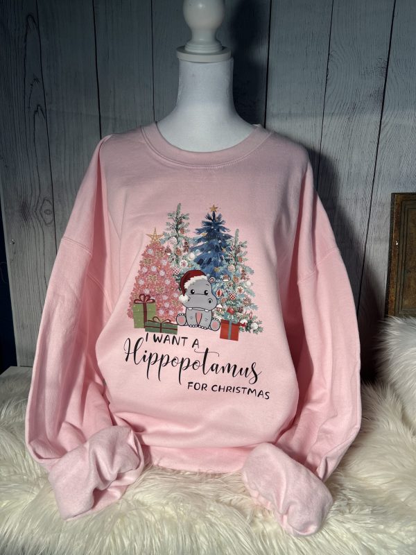 I Want A Hippopotamus For Christmas/ Crewneck Sweatshirt/ Christmas Music Sweatshirt/ Cute Hippo/ Pink Gift For Daughter/ Gift For Mom