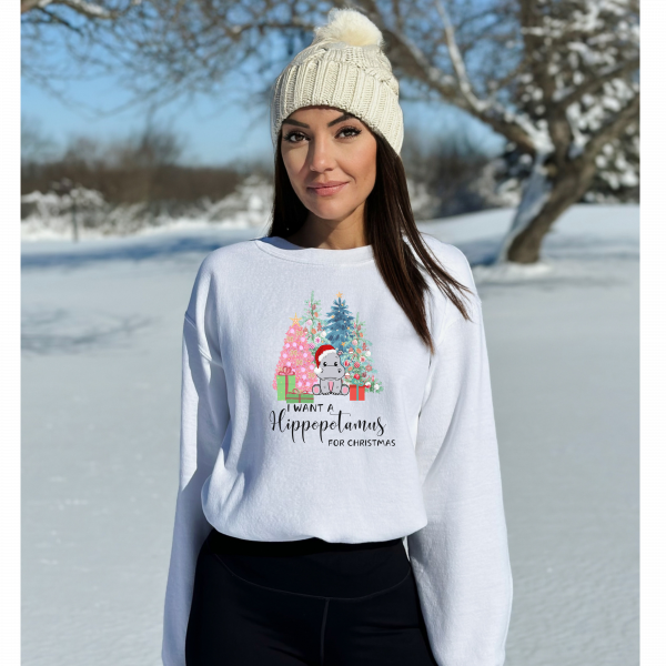 I Want A Hippopotamus For Christmas/ Crewneck Sweatshirt/ Christmas Music Sweatshirt/ Cute Hippo/ Pink Gift For Daughter/ Gift For Mom
