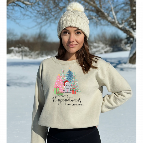 I Want A Hippopotamus For Christmas/ Crewneck Sweatshirt/ Christmas Music Sweatshirt/ Cute Hippo/ Pink Gift For Daughter/ Gift For Mom